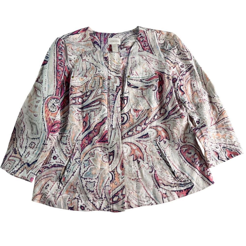 Chico's Size 0 100% Linen Paisley Zip Front Jacket 3/4 Sleeve Women's Small